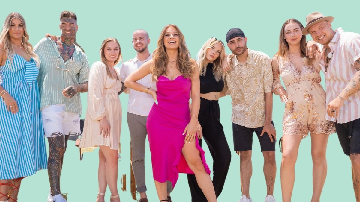 Temptation Island-Paare: Gloria und Nikola, Michelle und Marc-Robin, Moderatorin Lola Weippert, Jessi und Abdu, Elli und Credo